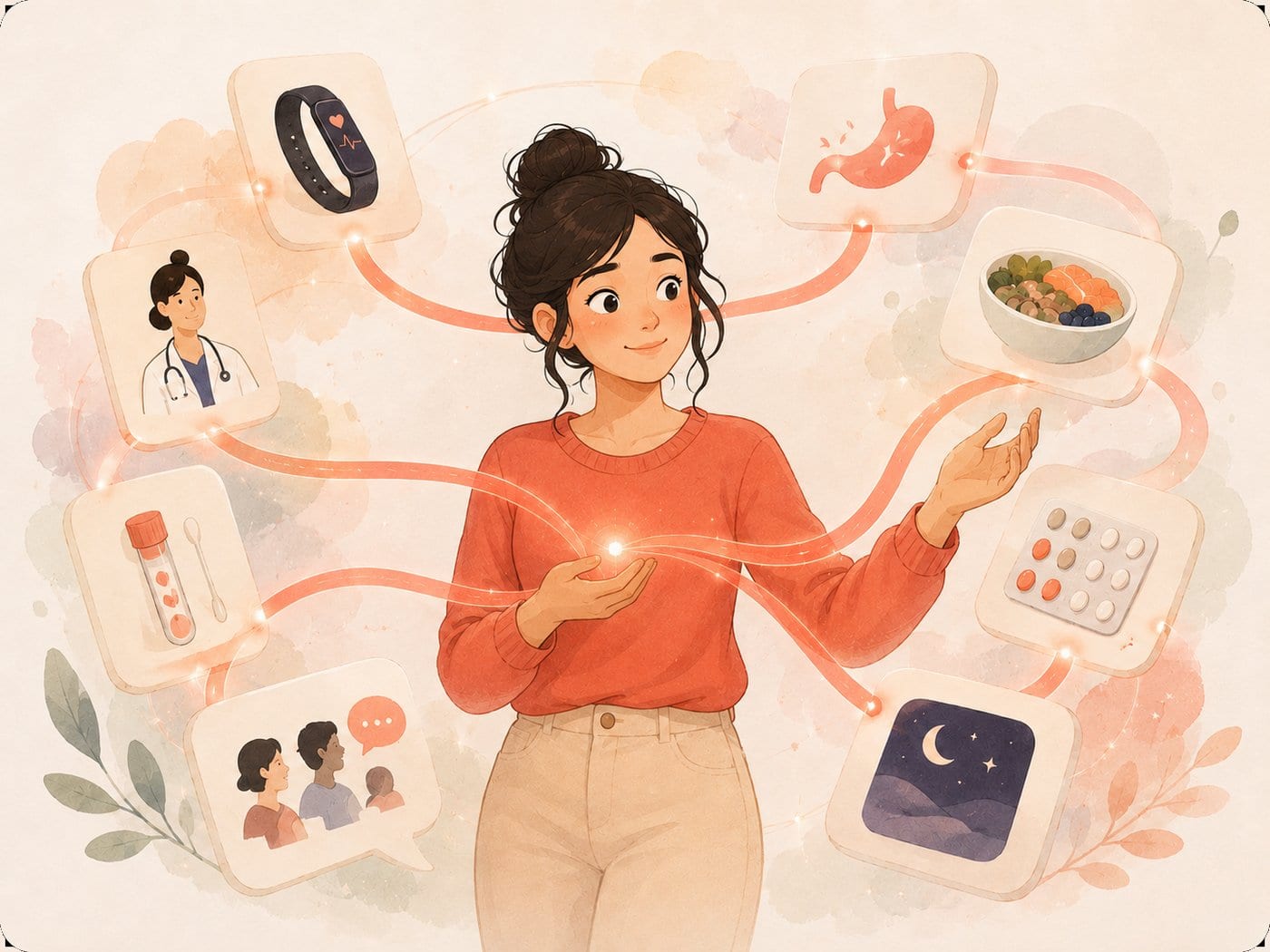A person connected to floating health panels for tracking, nutrition, sleep, meds, and care