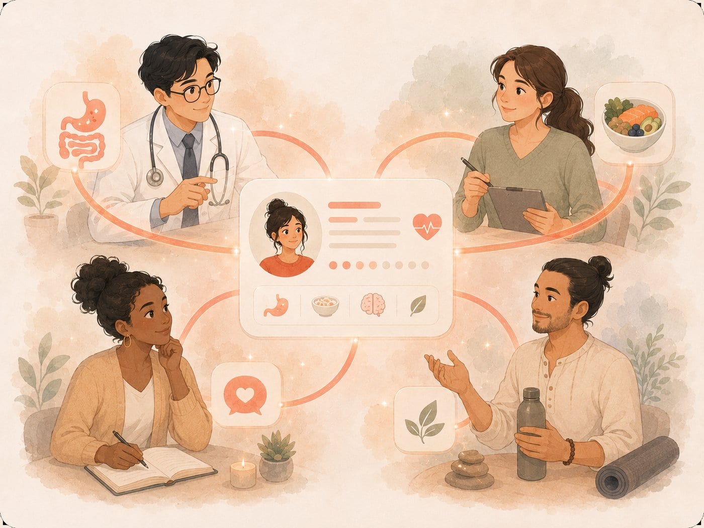 A patient profile card surrounded by a multidisciplinary care team connected in one view