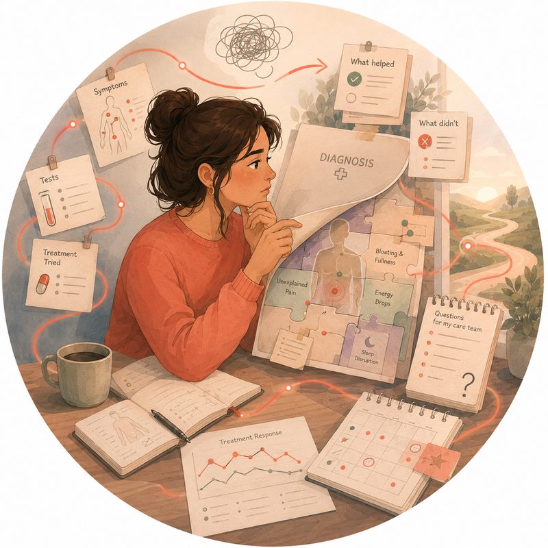 A woman examining a diagnosis that does not explain the full picture.