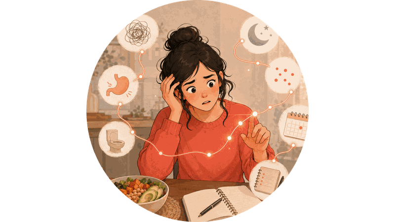A woman connecting scattered symptom clues into a clearer pattern.