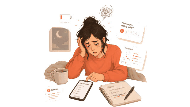 A person exhausted on a flare day, struggling to log symptoms on their phone