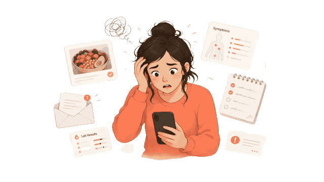 A person overwhelmed by scattered health trackers, notes, lab results, and symptoms